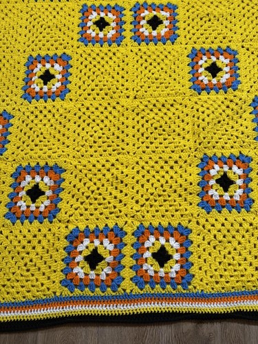 Handmade Crochet Afghan Blanket Throw 49x68 Yellow Granny Square Multicolor - Picture 9 of 11