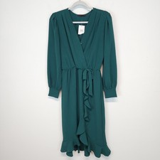 Womens Faux Wrap Ruffle Dress Size M Green Long Sleeve Knee Length Chic Fraiche