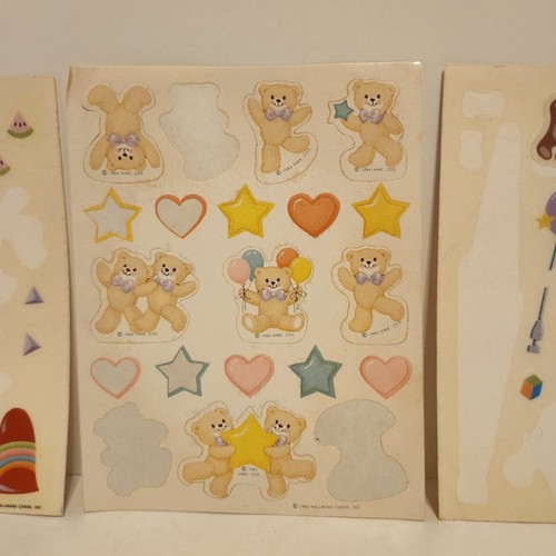 Lote de 3 hojas adhesivas vintage de osos de peluche, estrellas, corazones con sello 1984 - Imagen 3 de 6