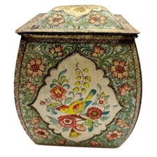Vintage Decorative Tin Box Floral Bird Design Hinged Lid Storage Container