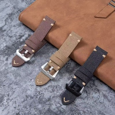 Premium Soft Canvas Genuine Leather Watch Strap Men's Rugged Wristband 22mm 24mm