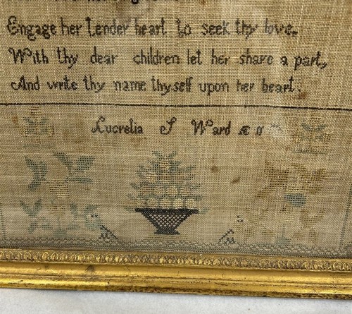 antique framed sampler Christian 15.5x18.5 cross stitch Lucralia Warden 19thc - Picture 4 of 11