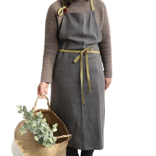 Kitchen Apron for Women, Men (Dark Gray) Linen Cooking Aprons with pocket - Bild 1 von 7