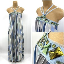 BCBG 2 XS 100 Silk Chiffon Blue Long Maxi Dress Halter Jewels Crystbluco Lined