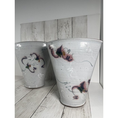 Vintage Pottery Vases Grey And Pink Floral ~ Stamped Fan Shape Oval Heavy - Picture 4 of 10