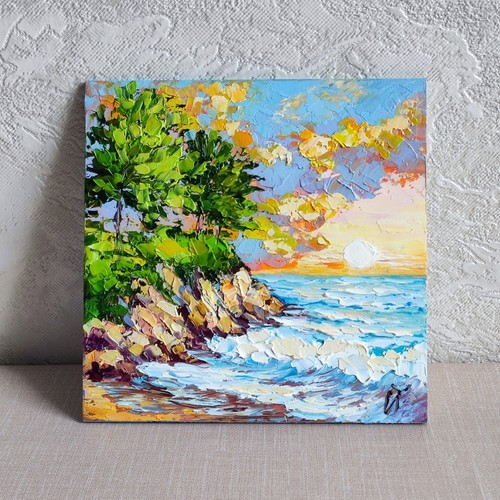 Original oil painting Seascape colorful artwork Sunset ocean wall art 6*6 inch - Picture 9 of 13