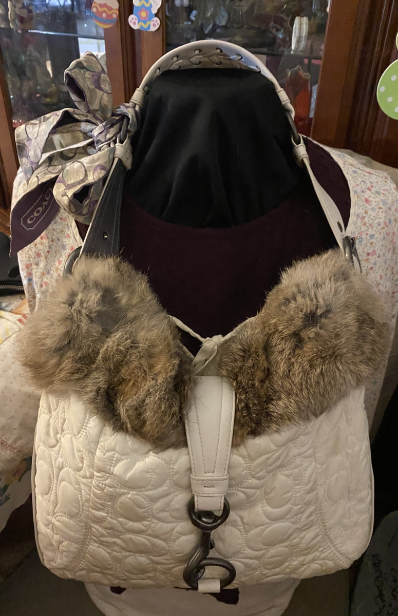 Vintage Coach Ski Hobo Bag, Quilted Nylon Genuine Rabbit Fur Trim