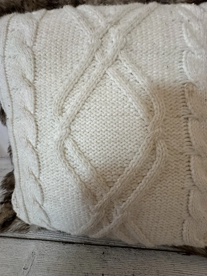 Knit And Faux Fur Throw Pillow Cream Brown Sweater Winter Cabincore Cottagecore - Image 3 of 4