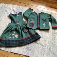 Vtg Dress Set Girls 4 Pinafore Jacket Scottish Tartan Kilt Bagpipe Drum Green
