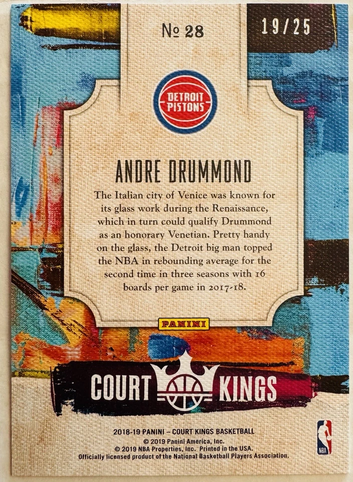 2018-19 Panini Court Kings Renaissance Men Sapphire /25 Andre Drummond #28 - Image 2 of 2