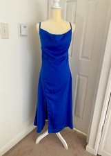 NWT Cider Blue Cowl Neck Midi Dress Slit Womens Size Medium Wedding Bridesmaid