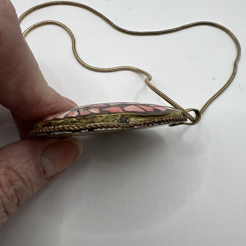 Vintage Set rote Koralle Mosaik Inlay auf Messing Anhänger Halskette & Clip auf Ohrringe - Bild 4 von 12