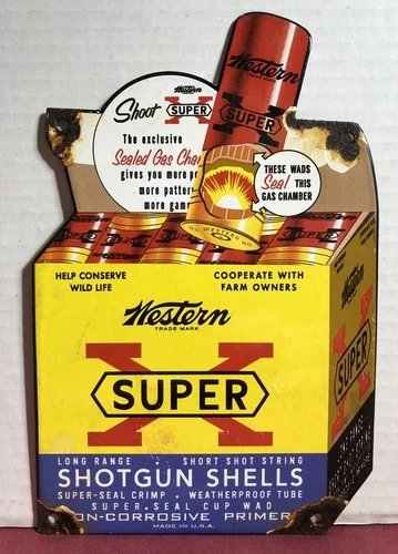 VINTAGE WESTERN SUPER X  SHOTGUN SHELLS 10” PORCELAIN AMMUNITION GUN AMMO SIGN