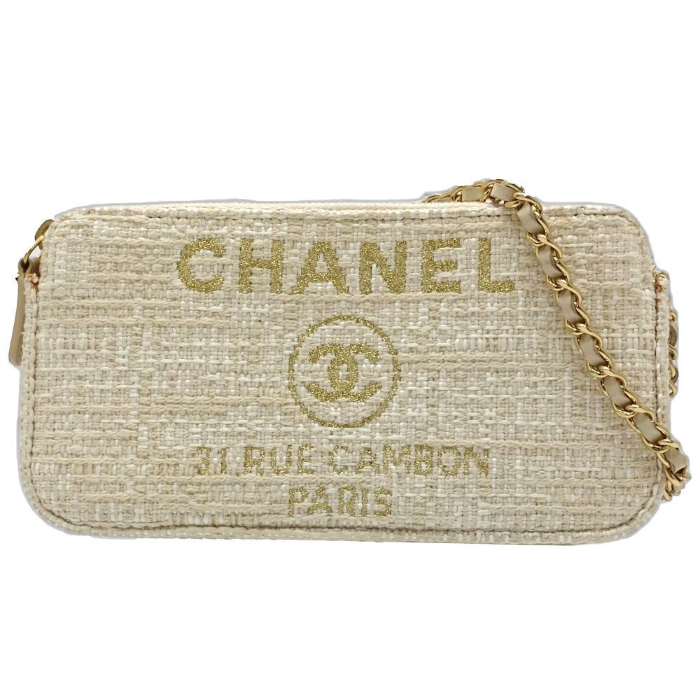 CHANEL Deauville Shoulder Bag Canvas Beige Gold Hardware Wallet Chain A84415