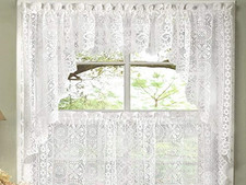 Old World Style Floral Heavy Lace Kitchen Curtain Swag Pair, Hopewell White