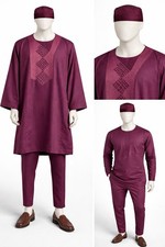 Men Maroon Babariga 3 Pieces Groom Suit African Clothing