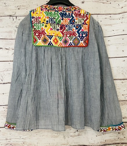 Zara Woman Embroidered Striped Jacket Short Shirt Tassels Pom Pom Blue Boho Sz S - Picture 8 of 21