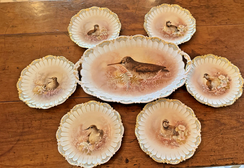 Lovely Antique Handpainted Elite Limoges Game Birds Platter & 6 Plates - Picture 1 of 10