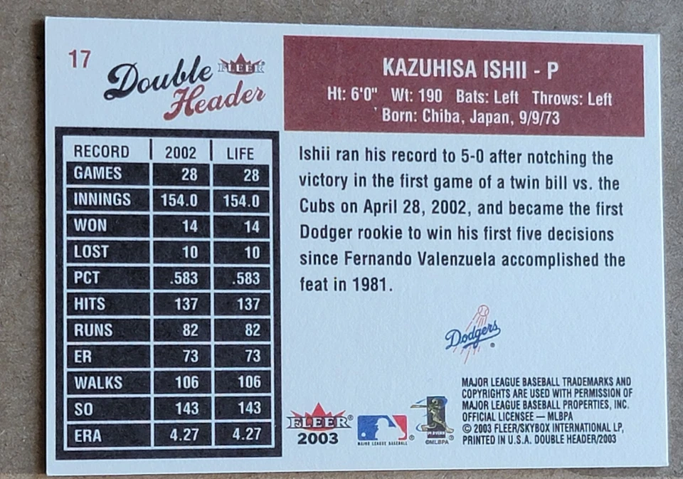 2003 Fleer Double Header Kazuhisa Ishii #17 Los Angeles Dodgers  - Image 2 of 2