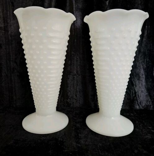 Fenton Pr. Hobnail Milk Glass VINTAGE Large CENTREPIECE TABLE TALL VASES 9.6 In. - Picture 3 of 11