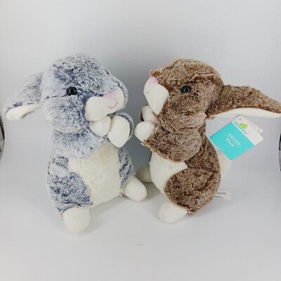 Way To Celebrate Pair 2 Easter Soft Plush Rabbit Bunny 14'' Gray and Brown 