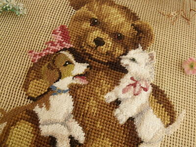 Vtg 18/" PREWORKED Needlepoint Canvas PetitPoint Brown-BEAR~KITTEN~PUPPY Pet CUTE