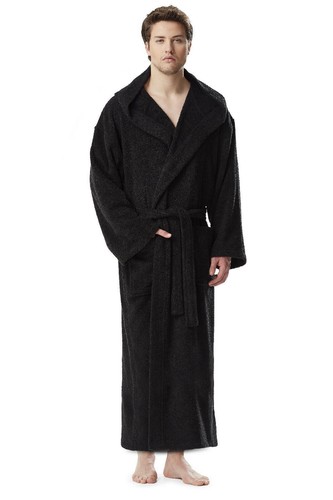Men's Long Hooded Ankle Length Turkish Cotton Bathrobe Robe MCLASSLONG-BLK-L - Picture 2 of 3