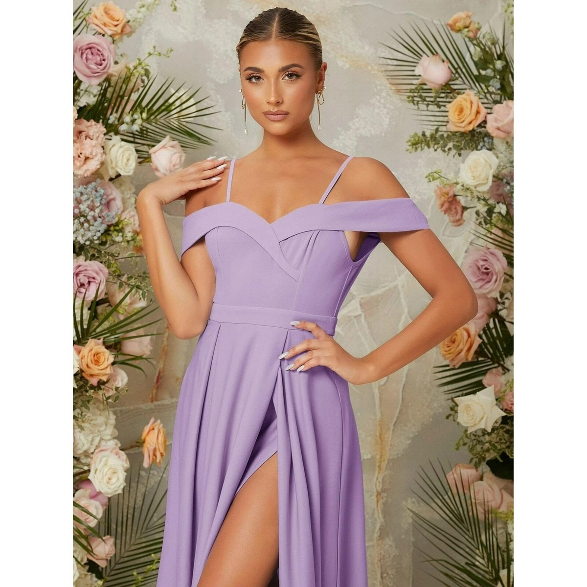 Belle Cold Shoulder Split Thigh Dress Lilac Purple Women's Sz 8/10