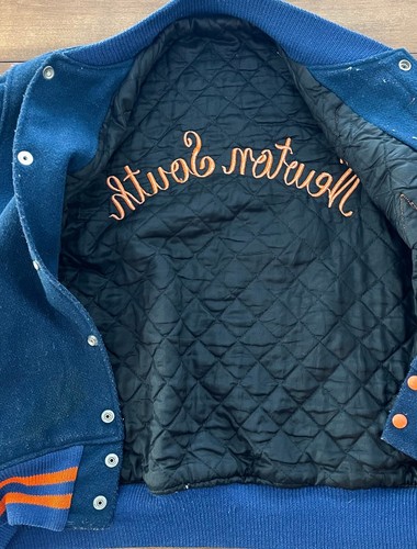Vintage Wool Letterman Bomber Jacket Newton South Lions Large Blue Orange - Bild 4 von 7