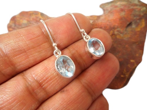 Oval Blue Topaz Sterling Silver 925 Gemstone Drop Dangle Earrings - Picture 3 of 6