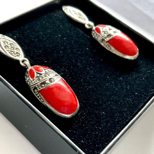 Sterling Silver farmed Red Coral lotus flower Art Deco style dangle earrings - Picture 9 of 9