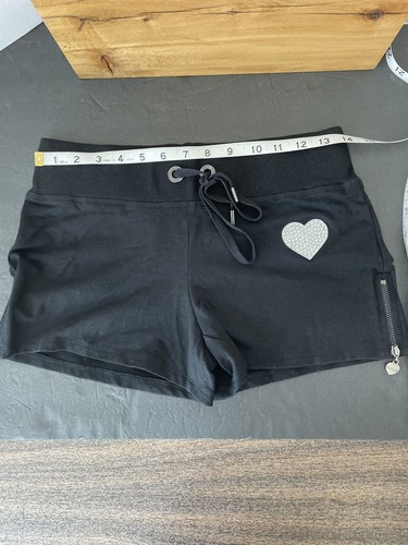 NEW BEBE Y2K Women’s Shorts Sz XS Black Rhinestones Heart Logo & Zips On Sides - Picture 13 of 21