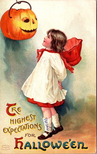 The Highest Expectations for Hallowe'en Embossed Little Girl Pumpkin Postcard - Picture 1 of 2