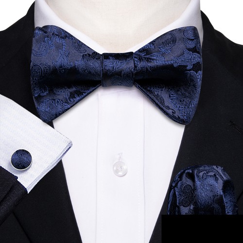 Striped Black Mens Bow Tie Set Hakerchief Cufflinks Wedding Prom Gift 3pcs Set - Picture 27 of 324