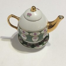 Classic Treasures Imperial Porcelain Mini Teapot,  Saucer Set Green  Gold