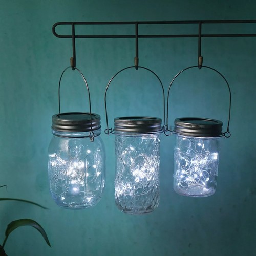 3 Pack of 30 Cool White Firefly Solar Mason Jar LED String lights with Hangers