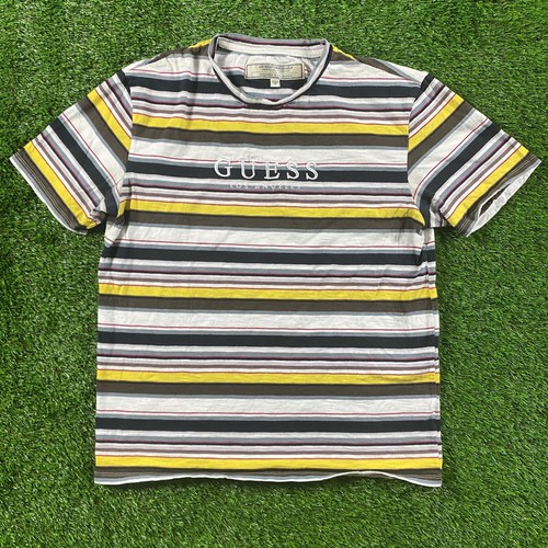 Guess Striped T-Shirt Yellow Brown Mens 