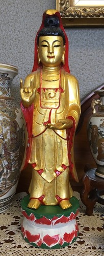 Vintage Wooden Chinese Hand Carved Gilt Buddha 38cm - Picture 7 of 9