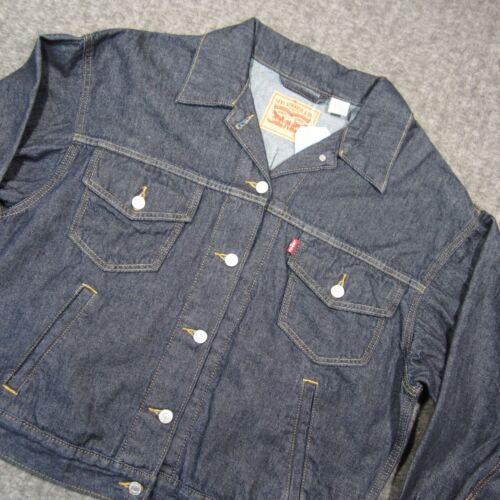 Levis Denim Trucker Jacket Womens L Blue Button Up Dark Wash 90s Grunge Hemp NEW - Picture 3 of 13