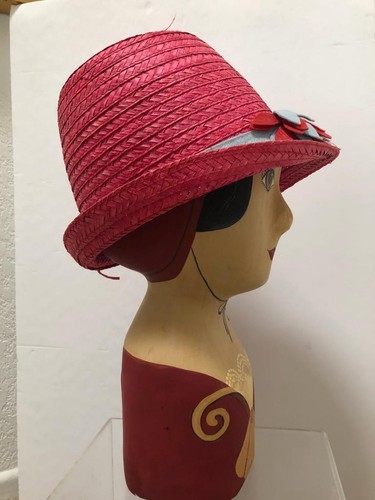 Vintage HAT 1960's authentic Red Bucket Straw Hat with Felt Cut Floral Band - Picture 3 of 7