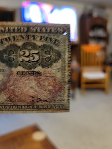 1874 25 cent fractional currency. Small Pin hole In Upper Right Corner. - Picture 3 of 3