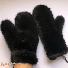 Women's Double Side Real Mink Fur Gloves Warm Knitted Elastic Mittens W String