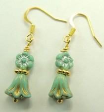 Turquoise Czech Etched Flowers  Bud Earrings Handmade Chic Jewelry
