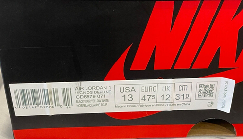 Jordan 1 Retro High OG Defiant Mens 13 Black Tour Yellow White CD6579 071 - Picture 8 of 8