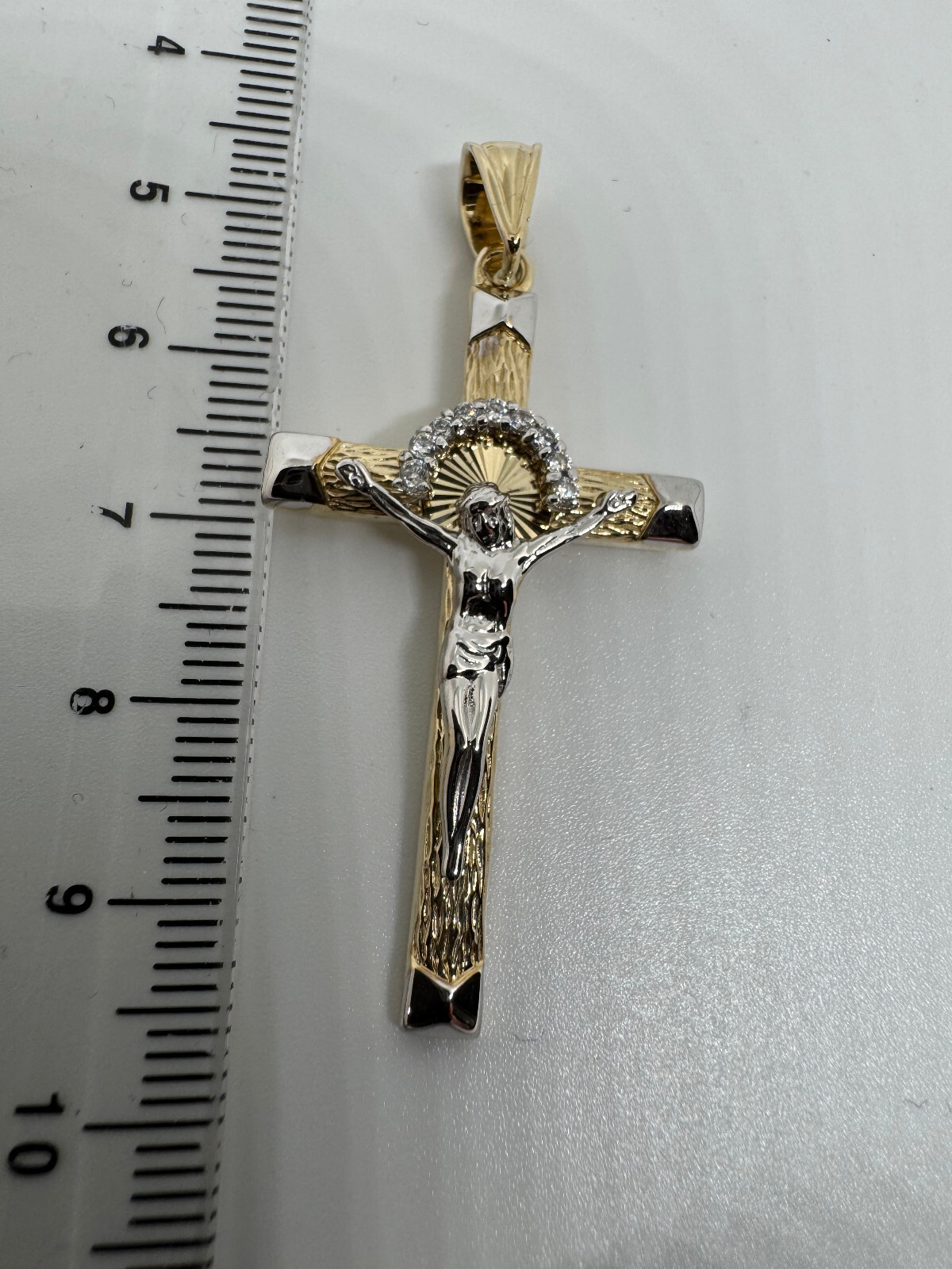 9ct Yellow and White Gold 50x24mm Crucifix Pendant Clear White Stones (0223)