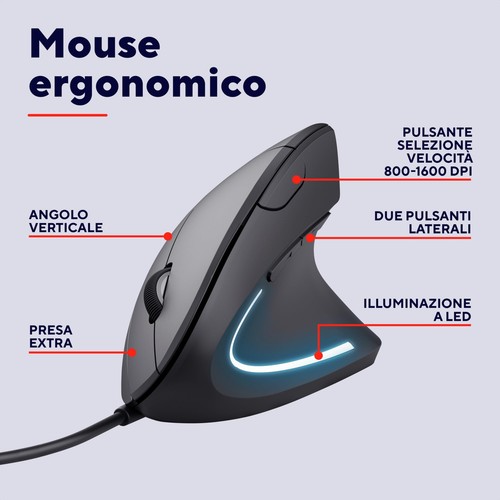 Trust Verto Mouse Verticale Cablato Mouse Ergonomico con Filo 1000/1600 DPI C... - Picture 2 of 12