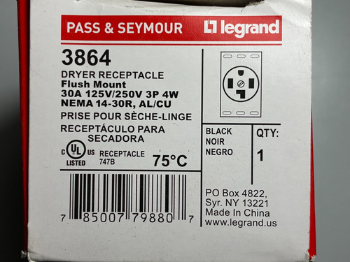 Trocknersteckdose 30 Ampere 250 Volt (NEMA 14-30R) Alaun/Kupfer Legrand 3864 NEU-OVP - Bild 9 von 12
