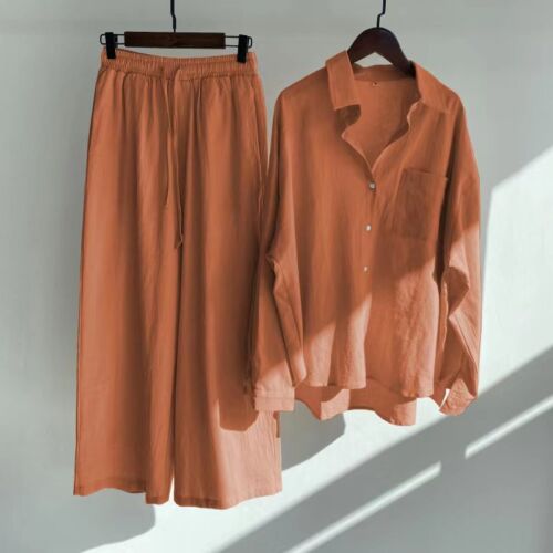 Abito donna taglie forti cotone lino bottoni + pantaloni donna casual loungewear - Foto 14 di 25