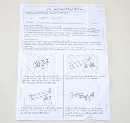 Pot Filler Faucet Wall Mount Solid Brass Brushed Nickel Double Joint Swing - Picture 4 of 4