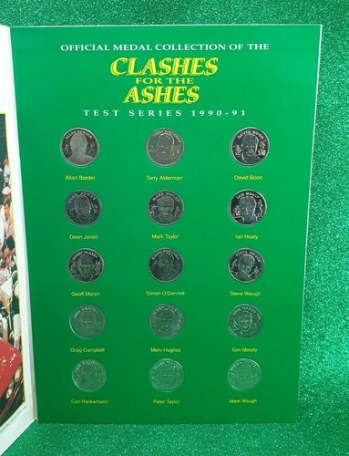 CLASHES FOR THE ASHES 1990/1991 CRICKET 15 COIN/MEDAL/TOKEN & PRESENTATION BOOK - Foto 8 di 45